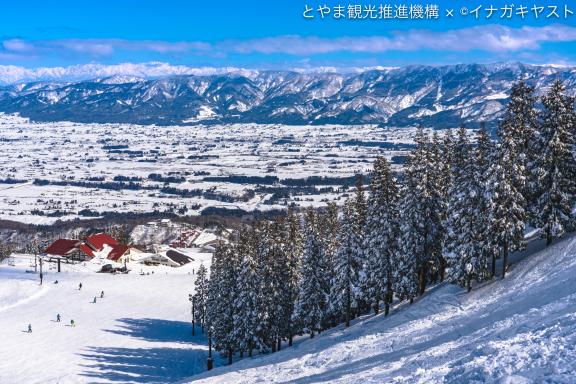 散居村と立山連峰が一度に見えるスキー場