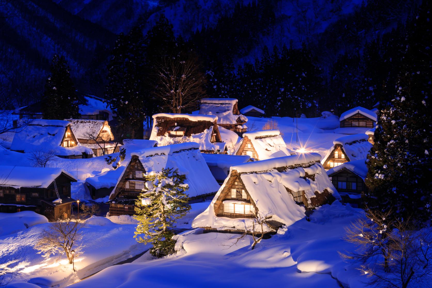 冬：雪景色に包まれた幻想的な光景、ライトアップイベント