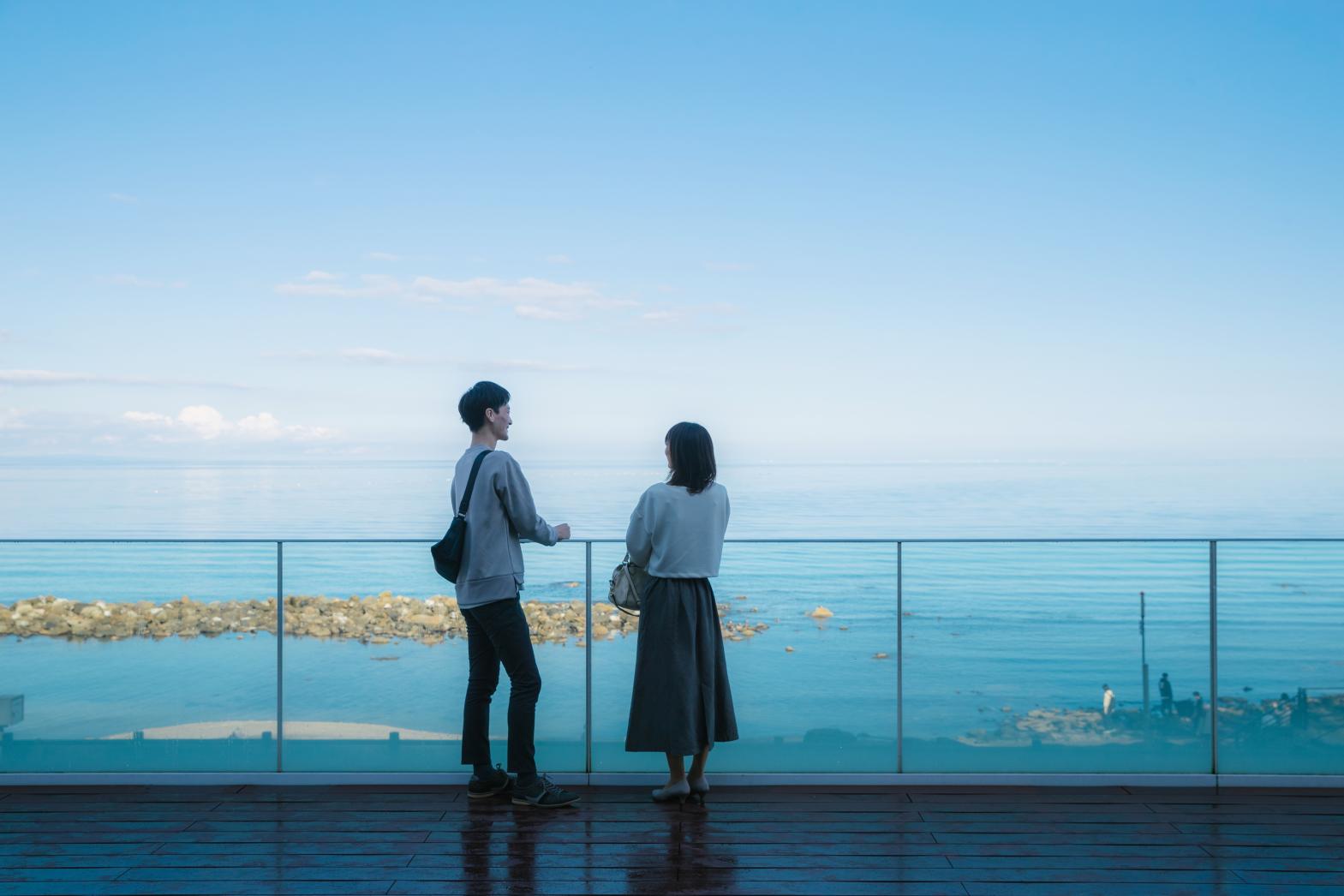 『道の駅 雨晴』の展望デッキからの眺め。雨晴海岸は「日本の渚百選」にも選ばれている。